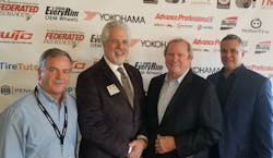 Guest speakers at the Jan. 26 California Tire Dealers Association (CTDA)/1-800 EveryRim New Year Luncheon included Steve Swanson, representing the SEMA Wheel & Tire Council (second from left), and Dick Gust, CEO of the Tire Industry Association (second from right.) They are flanked by CTDA President Chris Barry (far left) and CTDA Executive Director Marc Connerly (far right). Guest speakers at the Jan. 26 California Tire Dealers Association (CTDA)/1-800 EveryRim New Year Luncheon included Steve Swanson, representing the SEMA Wheel & Tire Council (second from left), and Dick Gust, CEO of the Tire Industry Association (second from right.) They are flanked by CTDA President Chris Barry (far left) and CTDA Executive Director Marc Connerly (far right).