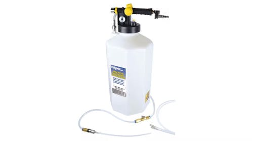 The tool utilizes compressed air to dispense and extract automotive fluids such as brake, washer, power steering and transmission fluid, as well as engine oil, gear oil and coolant.