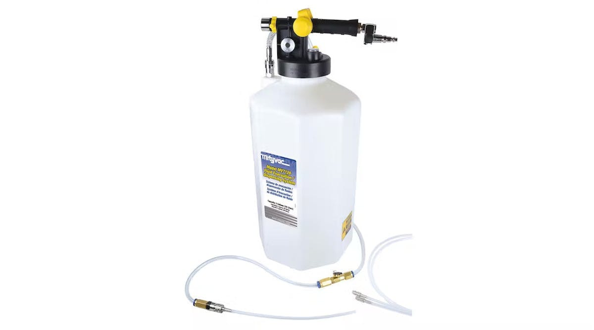 The tool utilizes compressed air to dispense and extract automotive fluids such as brake, washer, power steering and transmission fluid, as well as engine oil, gear oil and coolant.