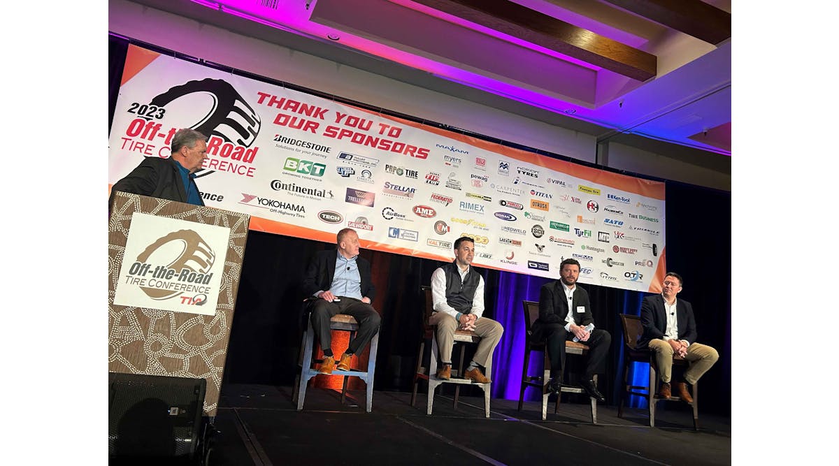 MTD Publisher Greg Smith moderated a panel discussion that included, from left to right, Bruce Besancon, vice president of marketing, Yokohama Off-Highway Tires Inc.; Eric Matson, global field engineer, off-road tires, Goodyear Tire &amp; Rubber Co.; Chris Rhoades, vice president, OTDC, BKT USA Inc.; and Matt Futrelle, head of business field earthmoving, head of sales and marketing Americas, commercial specialty tires, Continental Tire the Americas LLC,