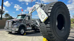 OTR Tire Conference attendees were greeted by a Stellar Industries-built boom truck owned by Purcell Tire & Rubber Co. holding a new 63-inch tire made by Goodyear Tire & Rubber Co.