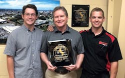 Steepleton Tire&rsquo;s retread plant increased its production in 2022, says Chris Steepleton (far right), who manages the Memphis, Tenn.-based dealership&apos;s retread facility. (Chris is pictured with, from left to right, his brother, Michael, and father, Pat.)