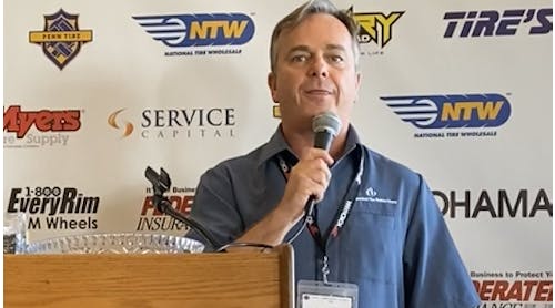 Unlike some other state and regional tire dealer associations, the California Tire Dealers Association (CTDA) continues to thrive. Here, CTDA President Chris Barry addresses attendees of the group&rsquo;s annual luncheon.