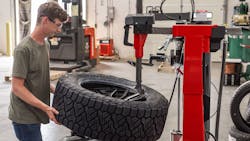 Hunter’s Jim Hudson says bottom bead demount can be especially challenging on large, heavy tires. Utilize the tools on the tire changer to make it easier, such as a lower roller or locking demount disc. Hunter’s Jim Hudson says bottom bead demount can be especially challenging on large, heavy tires. Utilize the tools on the tire changer to make it easier, such as a lower roller or locking demount disc.
