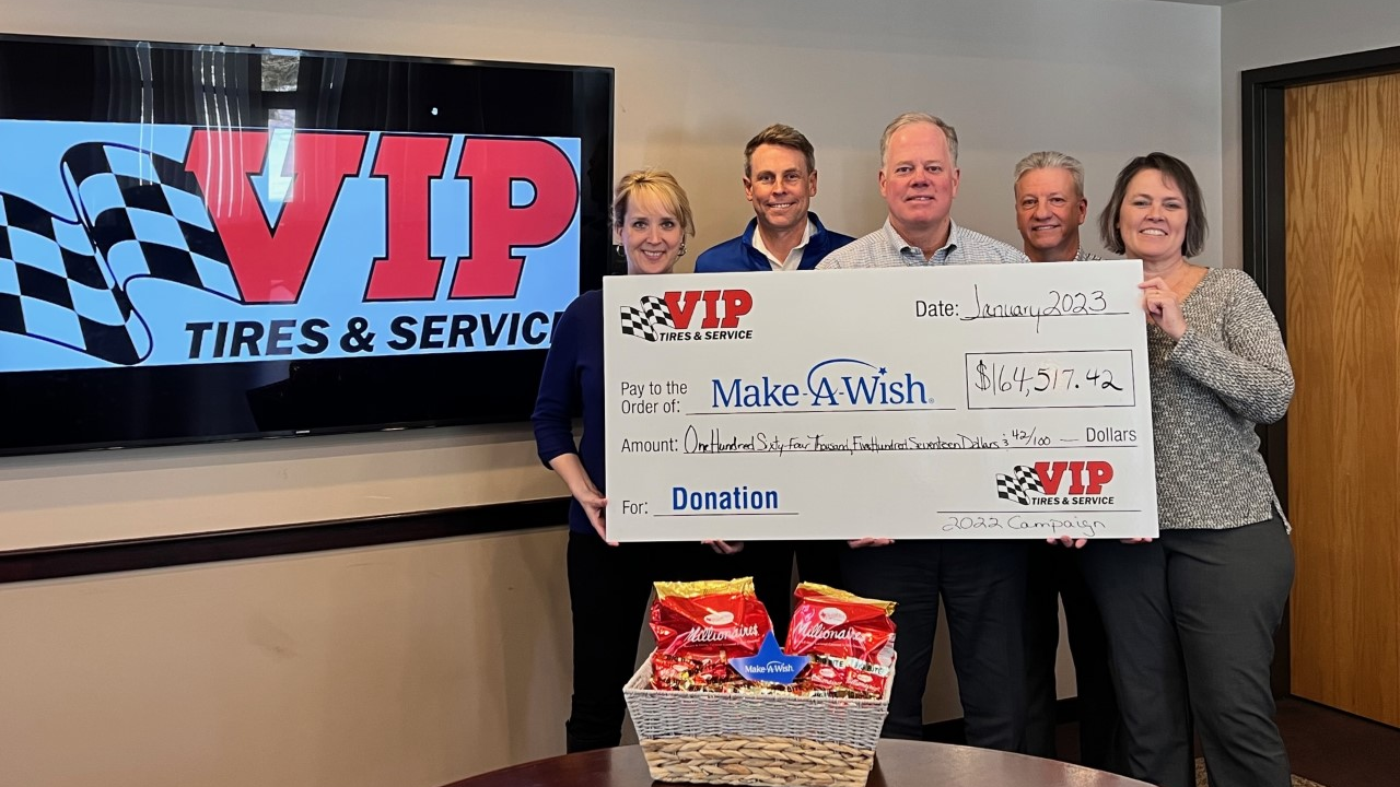 VIP presented its donation from 2022 fundraising to Make-A-Wish Maine. From left to right: Kate Vickery, president and CEO of Make-A-Wish Maine, accepts the check from VIP's Tim Winkeler, John Quirk, Gary MacCausland, and Mary Daigle.
