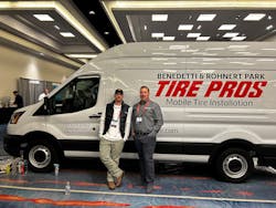 Tom Eisenberg, (L) owner of West Coast Tire and Service in Los Angeles, Calif., and James Baxter (R) owner of Atlanta, Ga.-based Neighborhood Tire Pros & Service pose with Tire Pros mobile van at the 2023 Tire Pros conference. Tom Eisenberg, (L) owner of West Coast Tire and Service in Los Angeles, Calif., and James Baxter (R) owner of Atlanta, Ga.-based Neighborhood Tire Pros & Service pose with Tire Pros mobile van at the 2023 Tire Pros conference.