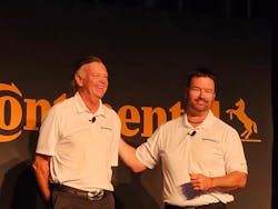 During this week's Continental Gold Dealer meeting, Joe Maher, product manager for Continental (left, with Travis Roffler, the company's director of marketing), explained the company’s position on tires for EVs. Maher is retiring from Continental at the end of March after nearly 30 years with the tiremaker. (Maher says his first piece of business in retirement is to hike the entire Appalachian Trail.) During this week's Continental Gold Dealer meeting, Joe Maher, product manager for Continental (left, with Travis Roffler, the company's director of marketing), explained the company’s position on tires for EVs. Maher is retiring from Continental at the end of March after nearly 30 years with the tiremaker. (Maher says his first piece of business in retirement is to hike the entire Appalachian Trail.)