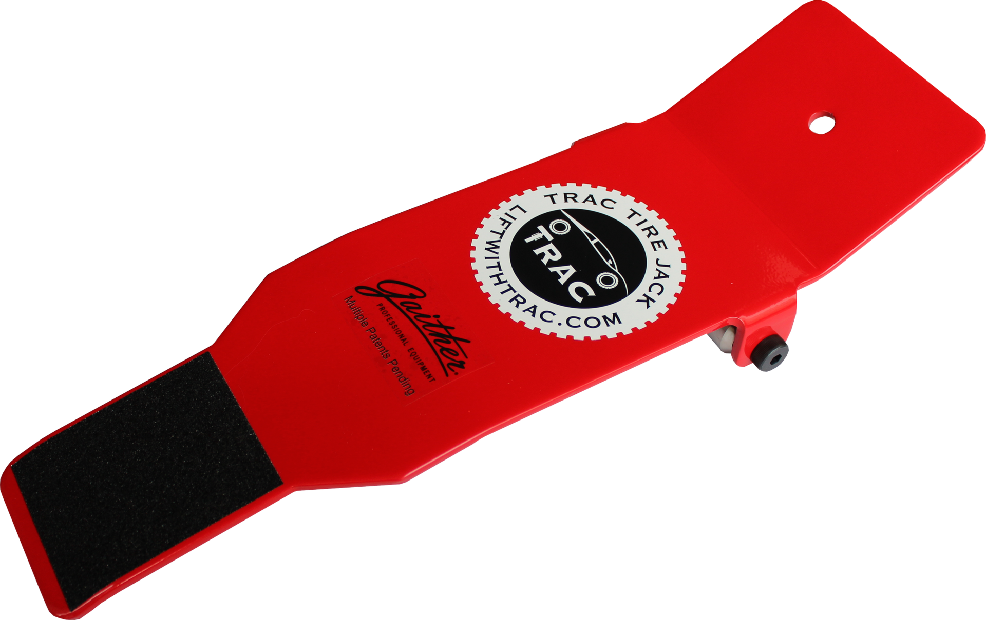 The Gaither TRAC Tire Jack slides under the tire and wheel.