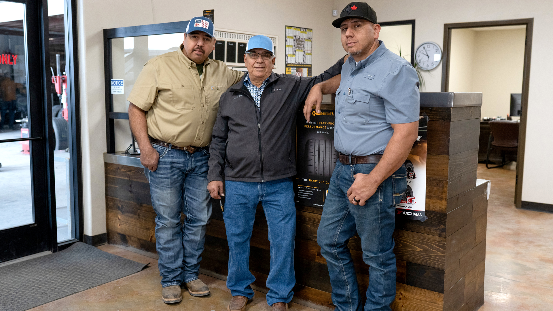 Andrews Tire Service was founded by Victor Bustamante, left, his brother Nate Bustamante Jr., right, and their father, Nate Bustamante Sr., center.
