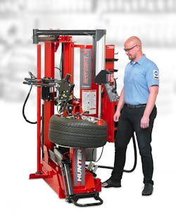 The tire changer has a four-joystick layout for placement of rollers and mount/demount head. It also includes a telescopic chassis and automatic tool head articulation to match rim diameter from 10- to 34-inches. The tire changer has a four-joystick layout for placement of rollers and mount/demount head. It also includes a telescopic chassis and automatic tool head articulation to match rim diameter from 10- to 34-inches.