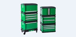 The stackable toolboxes have a robust steel body construction with a patented stacking locking mechanism.