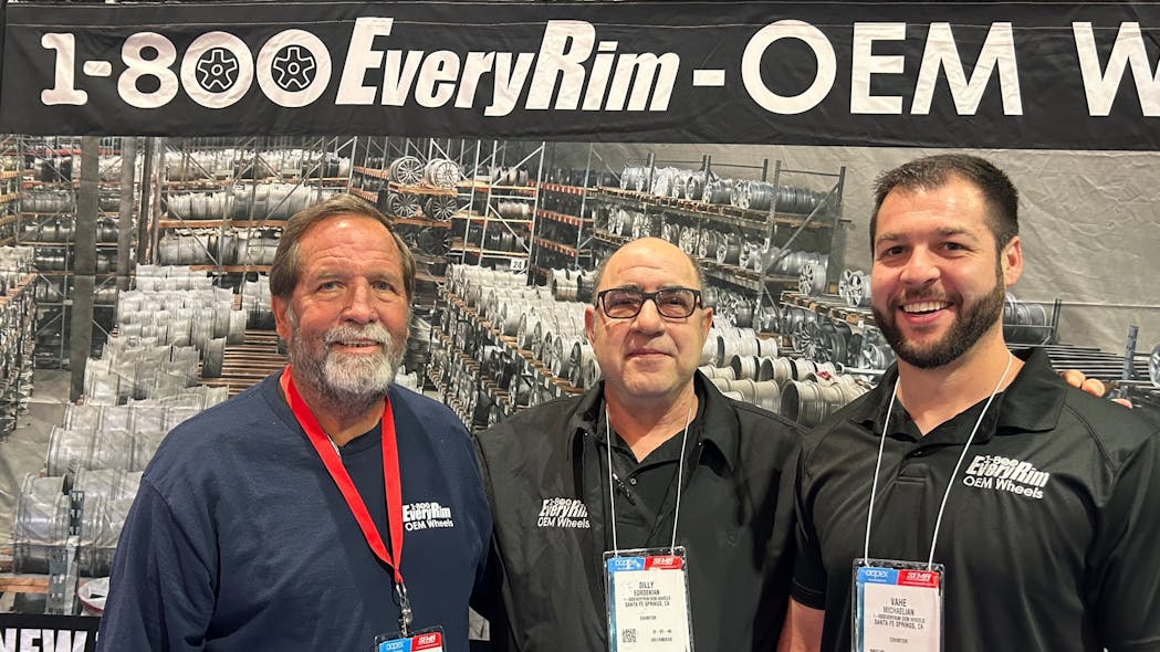 &apos;We just took on an 8,000-square-foot building to expand our inventory,&apos; says Billy Eordekian, president of 1-800EveryRim OEM Wheels (center, with Jamie Satre, left, and Vahe Michaelian, at the 2023 SEMA Show.)