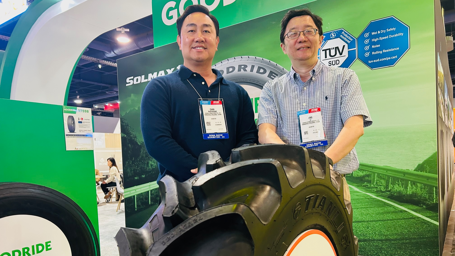 Tianli brand ag tires are now available in the U.S. (Pictured, from left to right, Chan Phothisane, OTR national sales director, ZC Rubber, and Richard Li, marketing director, global, ZC Rubber, at the 2023 SEMA Show.)