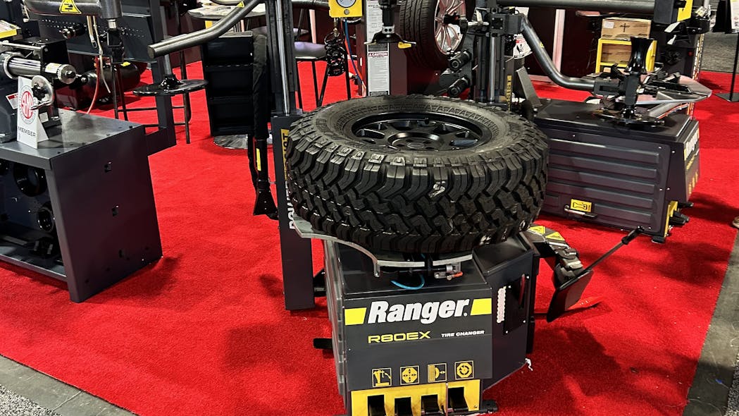 The Ranger R80EX Tire Changer was on display at the 2023 Specialty Equipment Market Association Show at the BendPak/Ranger booth.