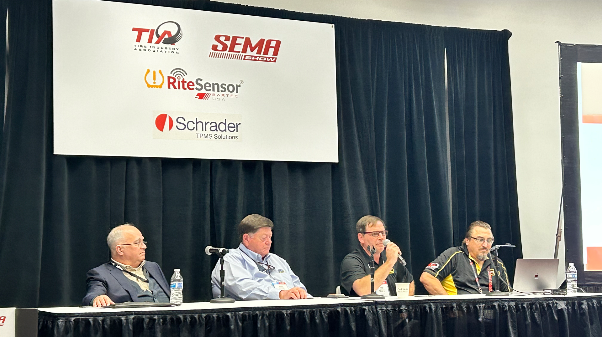 The panelists included Black's Tire Service's Jeremy Benton, (second from right) vice president of commercial division and manufacturing, and Frankie Underwood, (second from left) director of sales, and Joe Dunlap (far left) who leads the retail efforts at Batesville, Miss.-based Dunlap & Kyle Co. Inc. TIA's Kevin Rohlwing moderated the discussion.