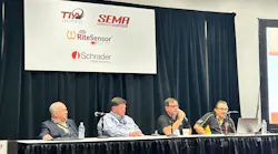 The panelists included Black's Tire Service's Jeremy Benton, (second from right) vice president of commercial division and manufacturing, and Frankie Underwood, (second from left) director of sales, and Joe Dunlap (far left) who leads the retail efforts at Batesville, Miss.-based Dunlap & Kyle Co. Inc. TIA's Kevin Rohlwing moderated the discussion.