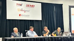 The panelists included Black's Tire Service's Jeremy Benton, (second from right) vice president of commercial division and manufacturing, and Frankie Underwood, (second from left) director of sales, and Joe Dunlap (far left) who leads the retail efforts at Batesville, Miss.-based Dunlap & Kyle Co. Inc. TIA's Kevin Rohlwing moderated the discussion. The panelists included Black's Tire Service's Jeremy Benton, (second from right) vice president of commercial division and manufacturing, and Frankie Underwood, (second from left) director of sales, and Joe Dunlap (far left) who leads the retail efforts at Batesville, Miss.-based Dunlap & Kyle Co. Inc. TIA's Kevin Rohlwing moderated the discussion.