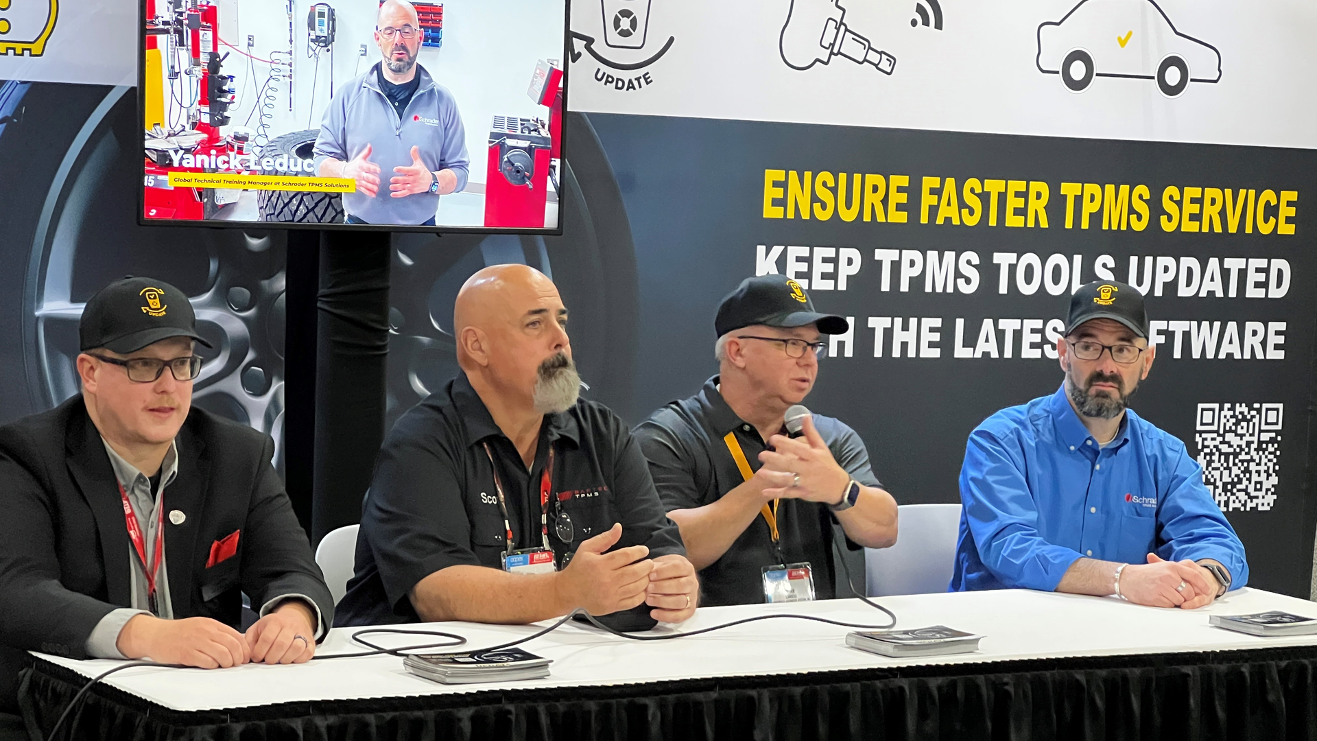 From left, ATEQ's Mike Rose, Bartec&rsquo;s Scot Holloway, Continental&rsquo;s Sean Lannoo and Schrader's Yanick Leduc say TPMS jobs are being made more difficult and taking longer to complete because technicians' tools aren't regularly accessing and downloading the available updated procedures.