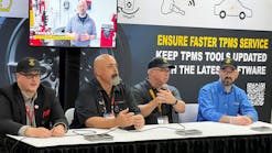 From left, ATEQ&apos;s Mike Rose, Bartec&rsquo;s Scot Holloway, Continental&rsquo;s Sean Lannoo and Schrader&apos;s Yanick Leduc say TPMS jobs are being made more difficult and taking longer to complete because technicians&apos; tools aren&apos;t regularly accessing and downloading the available updated procedures.