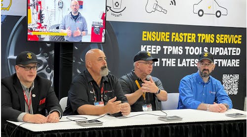 From left, ATEQ&apos;s Mike Rose, Bartec&rsquo;s Scot Holloway, Continental&rsquo;s Sean Lannoo and Schrader&apos;s Yanick Leduc say TPMS jobs are being made more difficult and taking longer to complete because technicians&apos; tools aren&apos;t regularly accessing and downloading the available updated procedures.