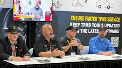From left, ATEQ's Mike Rose, Bartec’s Scot Holloway, Continental’s Sean Lannoo and Schrader's Yanick Leduc say TPMS jobs are being made more difficult and taking longer to complete because technicians' tools aren't regularly accessing and downloading the available updated procedures. From left, ATEQ's Mike Rose, Bartec’s Scot Holloway, Continental’s Sean Lannoo and Schrader's Yanick Leduc say TPMS jobs are being made more difficult and taking longer to complete because technicians' tools aren't regularly accessing and downloading the available updated procedures.