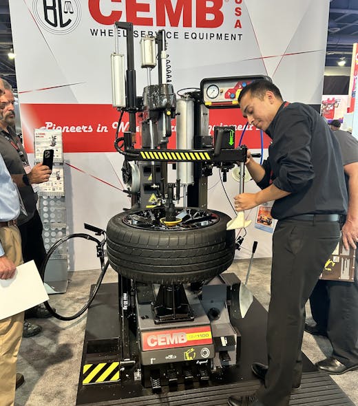 The SM1100 center-post tire changer &ldquo;easily adapts to ultra-low-profile, run-flat tires, special custom rims and commercial wheels,&rdquo; says CEMB officials.