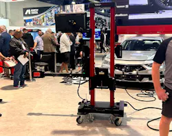 The Tru-Point ADAS calibration system adjusts the height of the target to be in the field of view of the camera while moving equipment out in the distance, automatically compensating for lack of levelness. The Tru-Point ADAS calibration system adjusts the height of the target to be in the field of view of the camera while moving equipment out in the distance, automatically compensating for lack of levelness.