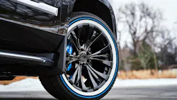 The Blue Stripe tire from Vogue will be available in three passenger car sizes, and two sizes for CUVs, SUVs and trucks. The Blue Stripe tire from Vogue will be available in three passenger car sizes, and two sizes for CUVs, SUVs and trucks.