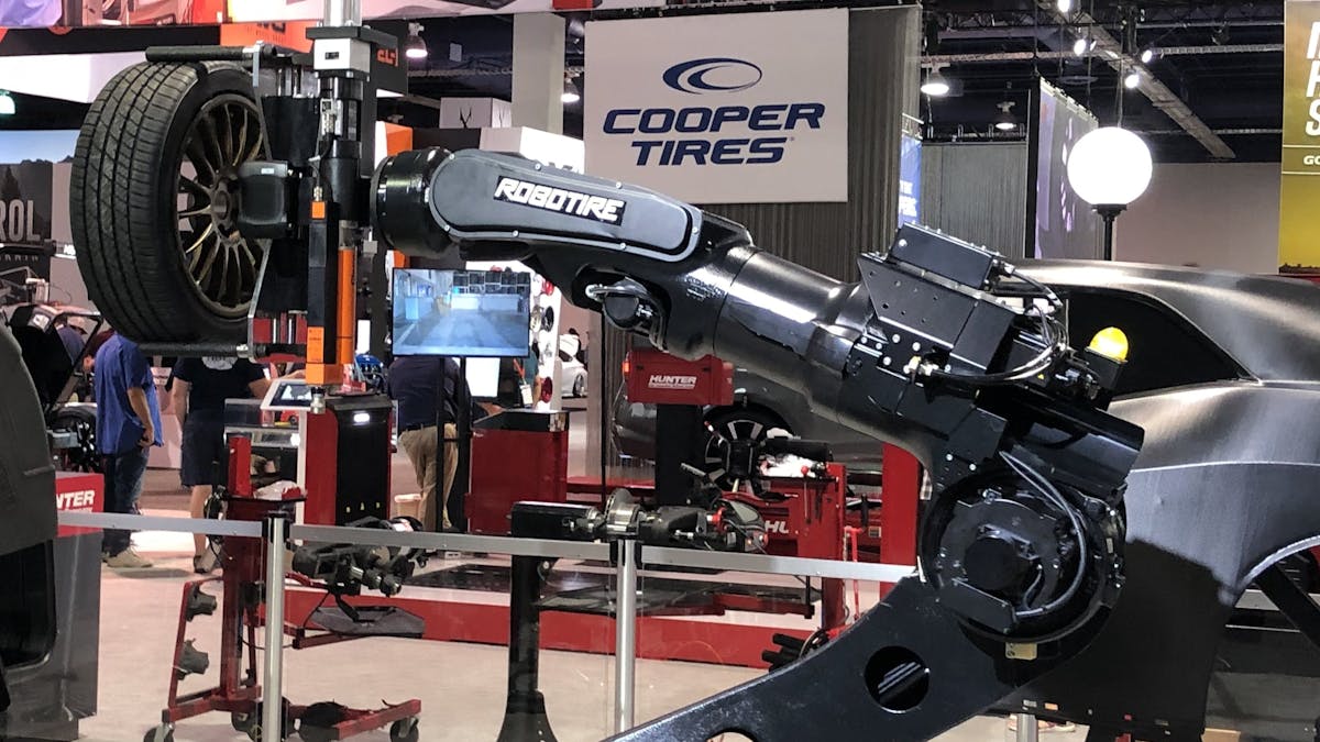 RoboTire LLC has declared Chapter 7 bankruptcy. (Pictured, a demonstration of RoboTire&apos;s automated tire changing machine at the 2021 SEMA Show.)