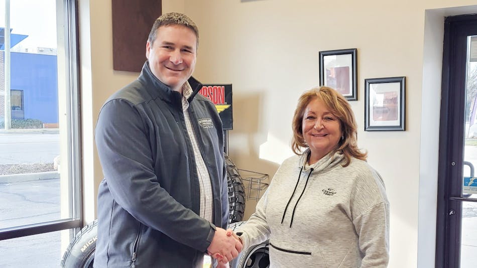 &apos;The acquisition of Carter Tire &amp; Automotive will give Wonderland Tire a step into a new area and market,&apos; says Dave Langerak, Wonderland Tire&apos;s chief operating officer, pictured with Patti Piscione, former owner of Carter Tire &amp; Automotive.