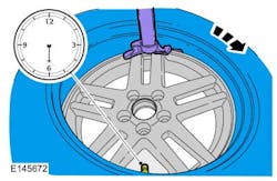 During assembly, align the valve stem with the machine arm at the 6 o'clock position to mount the top bead of the tire. During assembly, align the valve stem with the machine arm at the 6 o'clock position to mount the top bead of the tire.