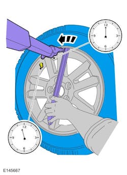 Place the wheel and tire assembly on the tire machine turntable with the valve tem at the 11:30 position and the machine arm at the 12 o'clock position to demount the outer bead. Place the wheel and tire assembly on the tire machine turntable with the valve tem at the 11:30 position and the machine arm at the 12 o'clock position to demount the outer bead.