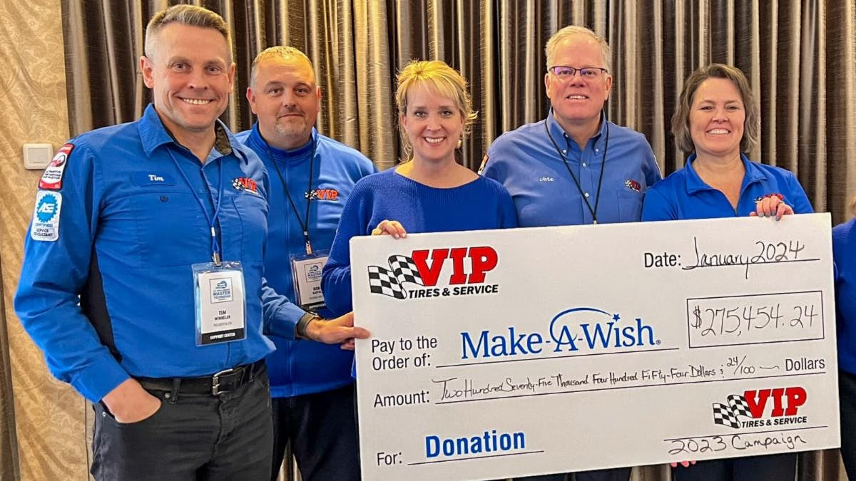 From left to right: Tim Winkeler, president and CEO of VIP Tires & Service, Rob Kaffel, region director for VIP Tires & Service, Kate Vickery, president and CEO of Make-A-Wish Maine, John Quirk, owner and chairman of VIP Tires & Service and Mary Daigle, senior manager of human resources at VIP Tires & Service.