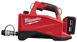 According to Milwaukee officials, using the M18 Redlithium XC5.0 Battery Pack, the new hydraulic pump can complete up to 20 lifts, 100 splits or 175 spreads on a single charge. According to Milwaukee officials, using the M18 Redlithium XC5.0 Battery Pack, the new hydraulic pump can complete up to 20 lifts, 100 splits or 175 spreads on a single charge.
