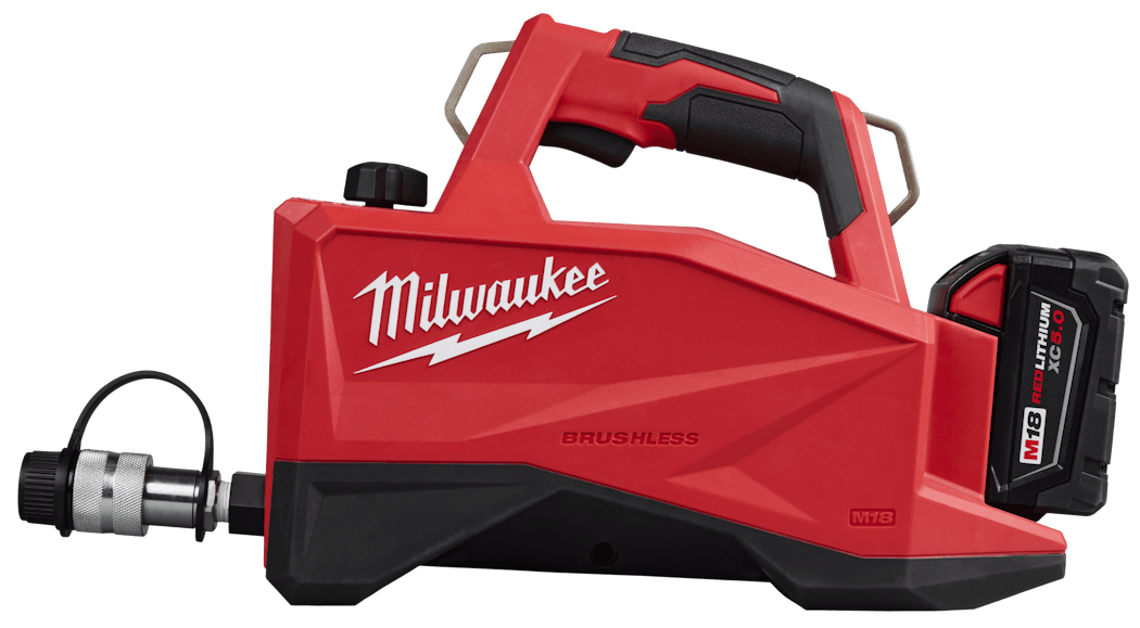 According to Milwaukee officials, using the M18 Redlithium XC5.0 Battery Pack, the new hydraulic pump can complete up to 20 lifts, 100 splits or 175 spreads on a single charge.