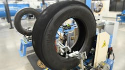 The Continental Retread Solutions Development Center will focus on both improvements to the retread process, as well as the development of technology. Here, a tire awaits service in the repair station.