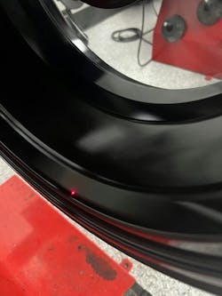 HP and UHP tires can be sensitive to the wheels on which they are mounted. That makes accurate rim runout measurements critical. Here, a laser is measuring the bead area. HP and UHP tires can be sensitive to the wheels on which they are mounted. That makes accurate rim runout measurements critical. Here, a laser is measuring the bead area.