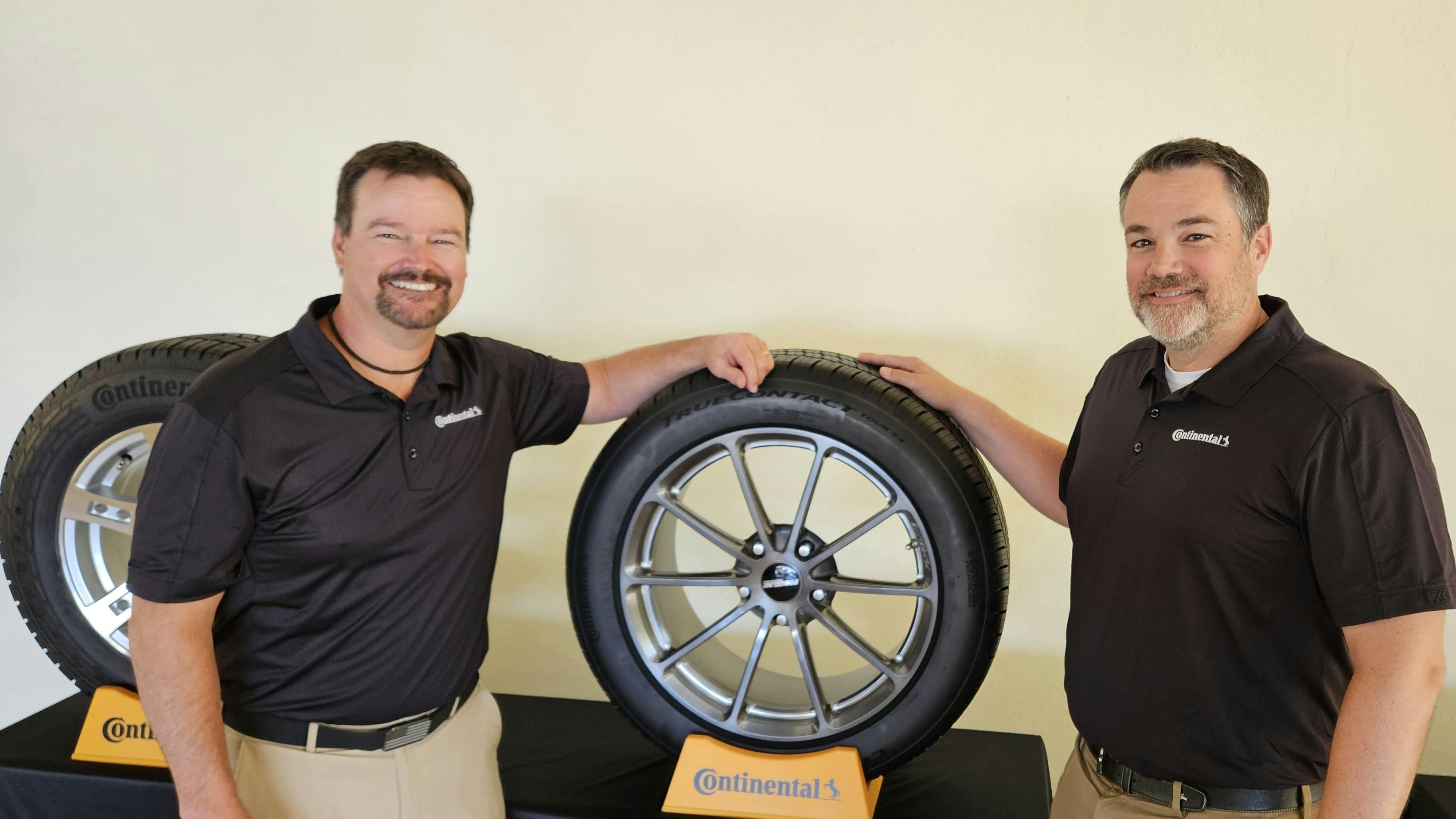 Travis Roffler, left, director of marketing, and Chris Charity, right, vice president of sales for PLT replacement tires in the U.S., were among the Continental Tire the Americas LLC executives to talk about the tiremaker's plans for 2024 during the annual Gold Dealer meeting. More than 700 dealers attended the event in Cabo San Lucas, Mexico.