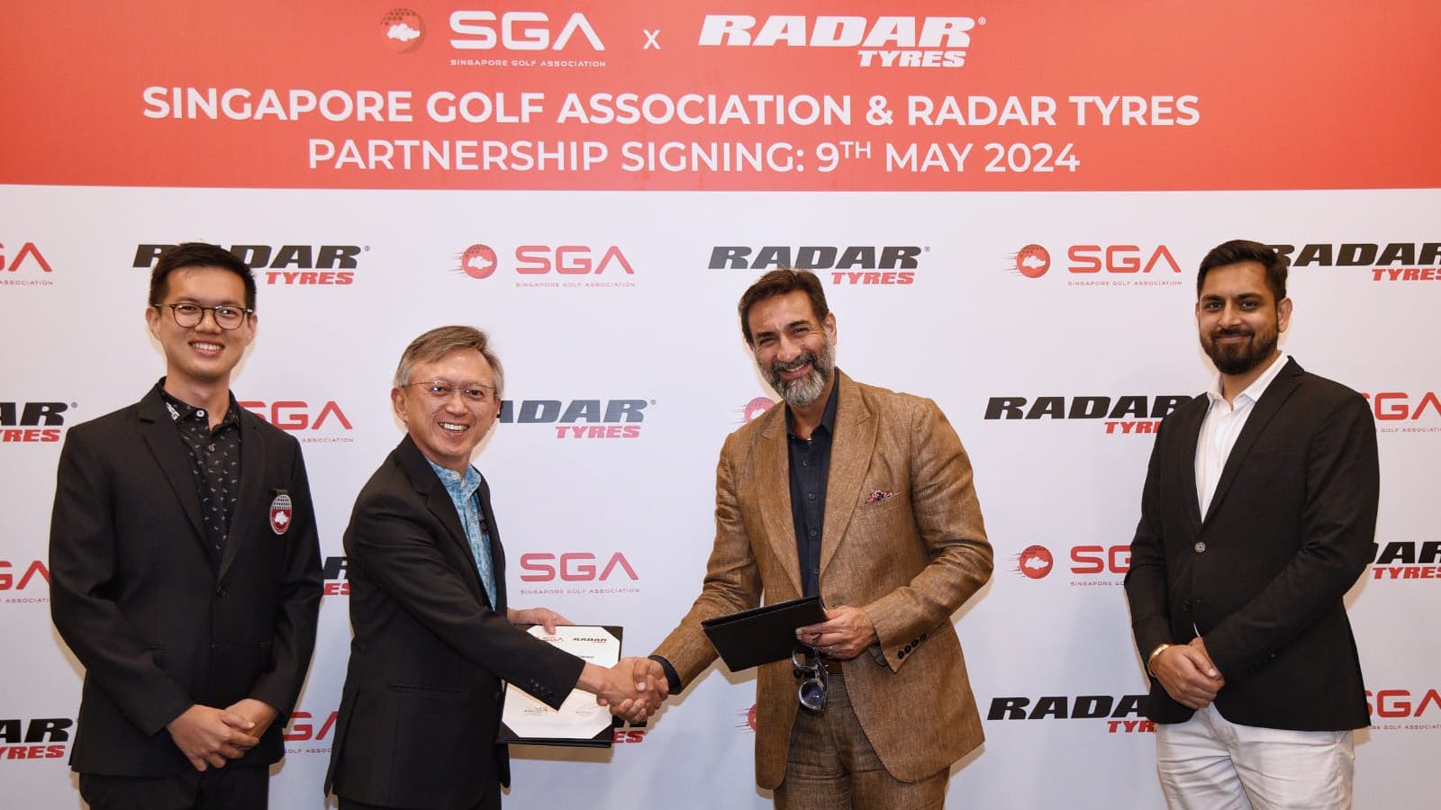 'We are thrilled to announce Radar Tires' multi-year partnership with SGA,&rdquo; says said GS Sareen, president and CEO, Omni United (pictured, second from right.)