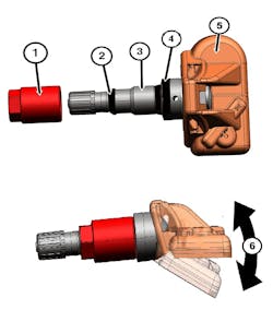 This diagram shows the elements of the TPMS sensor: 1 - Fastener Nut 2 - Plastic Ring 3 - Valve Stem 4 - Rubber Grommet 5 - Sensor Electronic 6 - Adjustable Angle This diagram shows the elements of the TPMS sensor: 1 - Fastener Nut 2 - Plastic Ring 3 - Valve Stem 4 - Rubber Grommet 5 - Sensor Electronic 6 - Adjustable Angle