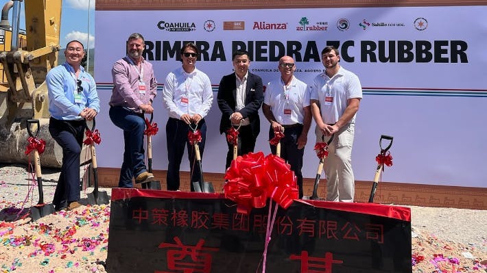 The groundbreaking ceremony was attended by more than 250 guests, including (L-R), Chan Phothisane, OTR national sales manager, ZC Rubber; Adam Waldrup from Dunlap & Kyle Co. Inc.; Nate Potts of Colony Tire Corp.; Henry Shen, vice president of ZC Rubber; Sean Wheeler of Colony Tire; and Wesley Hayes, general manager of Gateway Tire Southeast in Dothan, Ala. The groundbreaking ceremony was attended by more than 250 guests, including (L-R), Chan Phothisane, OTR national sales manager, ZC Rubber; Adam Waldrup from Dunlap & Kyle Co. Inc.; Nate Potts of Colony Tire Corp.; Henry Shen, vice president of ZC Rubber; Sean Wheeler of Colony Tire; and Wesley Hayes, general manager of Gateway Tire Southeast in Dothan, Ala.