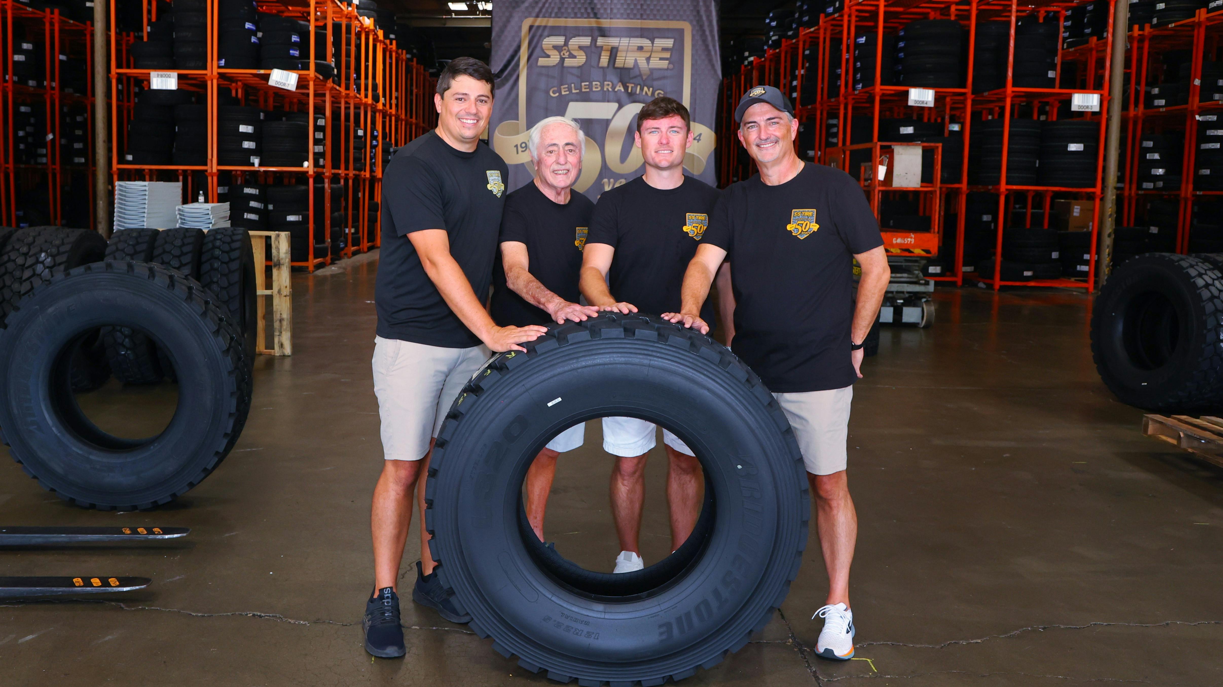 Three generations of the Swentzel family celebrated S&S Tire&rsquo;s 50th anniversary. (From left to right, Brock Swentzel, president of wholesale; Paul Swentzel, S&S Tire&rsquo;s founder; Austen Swentzel, vice president of commercial sales; and Brooks Swentzel, S&S Tire&rsquo;s president.)