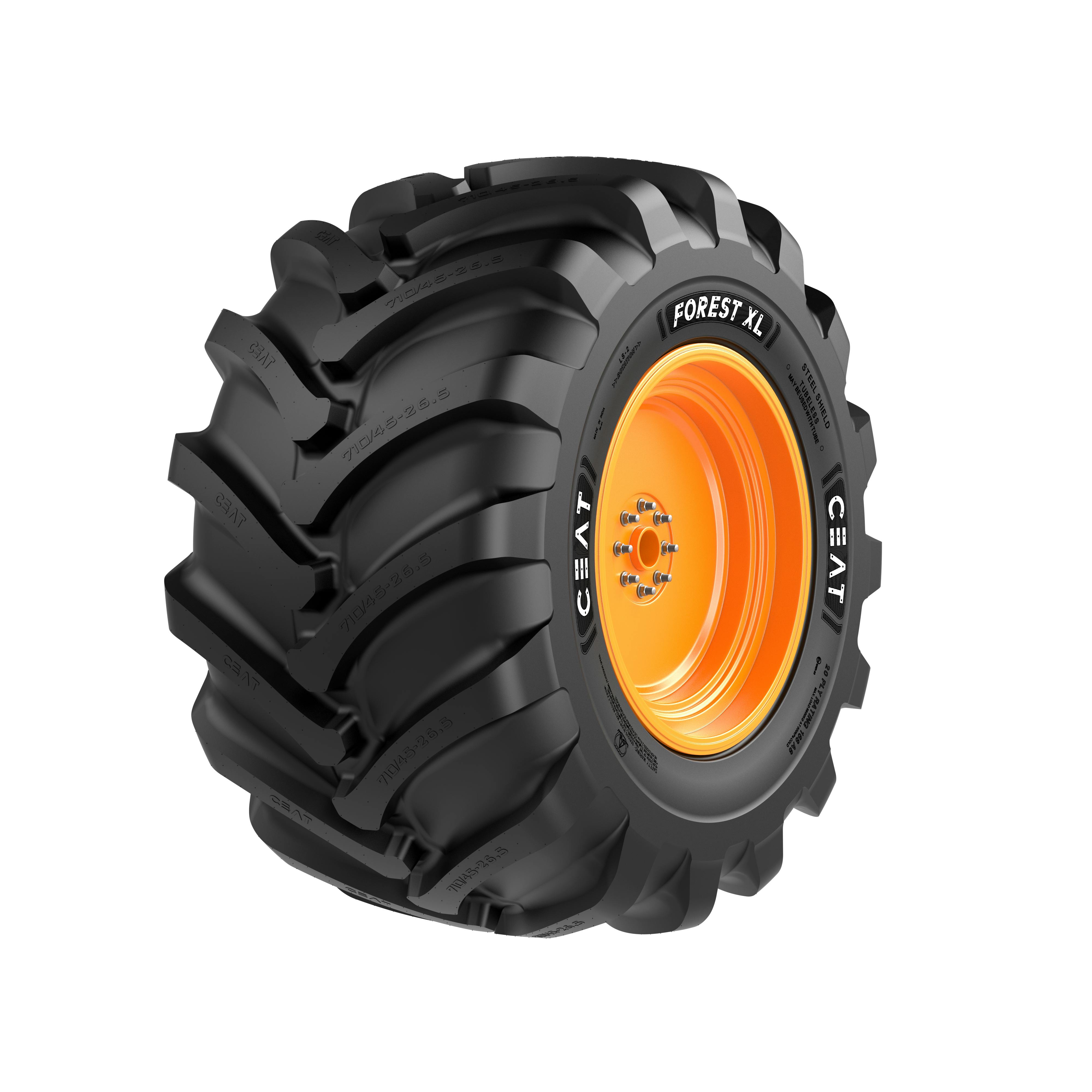 The CEAT Forest XL, designed for forestry forwarders and harvesters, features wide, robust lugs for maximum traction.