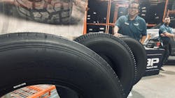 Turbo Wholesale Tires LLC displayed several of its new Rolling Big Power TBR tires during a recent open house event at the company’s Hammond, Ind., distribution center. (Pictured behind tire, JD Casas, Turbo's national sales manager, commercial.) Turbo Wholesale Tires LLC displayed several of its new Rolling Big Power TBR tires during a recent open house event at the company’s Hammond, Ind., distribution center. (Pictured behind tire, JD Casas, Turbo's national sales manager, commercial.)