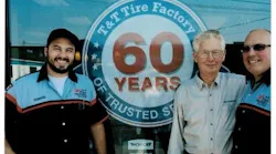 Three generations of Ed Tucks celebrated T&T Tire's 60th anniversary in 2015. Eddie Tuck Jr. is in the center, with his son Ed Tuck III, on the right, and his grandson Edward Tuck IV, on the left.