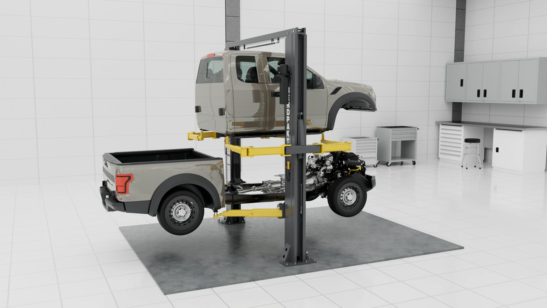 The new lift, which debuted at this weeks 2024 Specialty Equipment Market Association (SEMA) show, has eight fully adjustable, telescoping swing arms allowing technicians to work on cab-off repairs or removing electric battery packs.