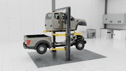 The new lift, which debuted at this weeks 2024 Specialty Equipment Market Association (SEMA) show, has eight fully adjustable, telescoping swing arms allowing technicians to work on cab-off repairs or removing electric battery packs. The new lift, which debuted at this weeks 2024 Specialty Equipment Market Association (SEMA) show, has eight fully adjustable, telescoping swing arms allowing technicians to work on cab-off repairs or removing electric battery packs.