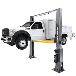 The two-post, 16,000- and 20,000-pound capacity models can handle passenger cars to medium-duty trucks. The two-post, 16,000- and 20,000-pound capacity models can handle passenger cars to medium-duty trucks.