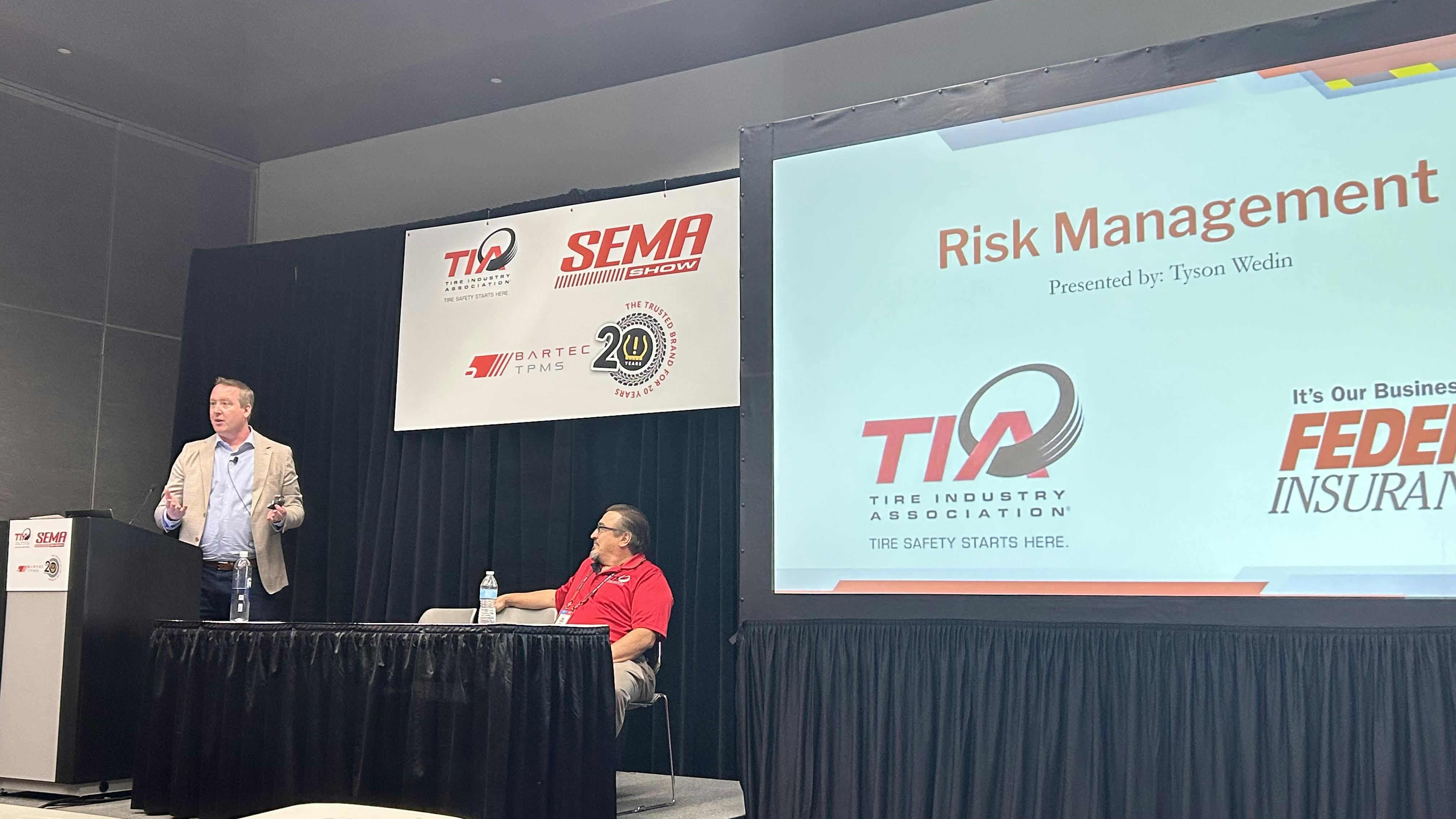 Tyson Wedin, regional risk manager for Federated Insurance, took the stage to tackle big problems that tire dealers need to stay in front of to avoid lawsuits.