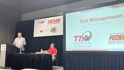 Tyson Wedin, regional risk manager for Federated Insurance, took the stage to tackle big problems that tire dealers need to stay in front of to avoid lawsuits. Tyson Wedin, regional risk manager for Federated Insurance, took the stage to tackle big problems that tire dealers need to stay in front of to avoid lawsuits.